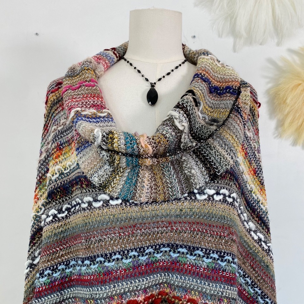 Womens 3D Knit Rainbow Y2K Poncho Cowl Neck One Size Fringe Boho Indie Sleaze - Picture 4 of 12